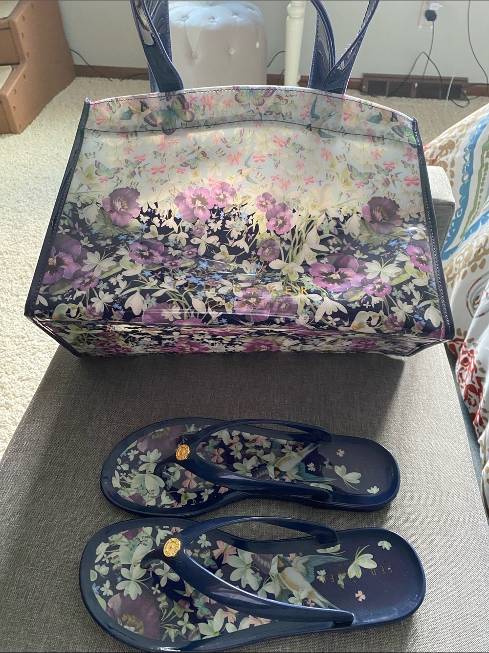 Ted Baker London Navy Floral Jelly Flip Sandals with Purple & Green Print